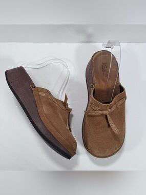 J. Crew Vintage Light Tan Camel Suede Y2K 90s Wood Clog Mules Women Size 8